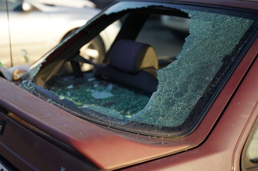 a car broken windshield